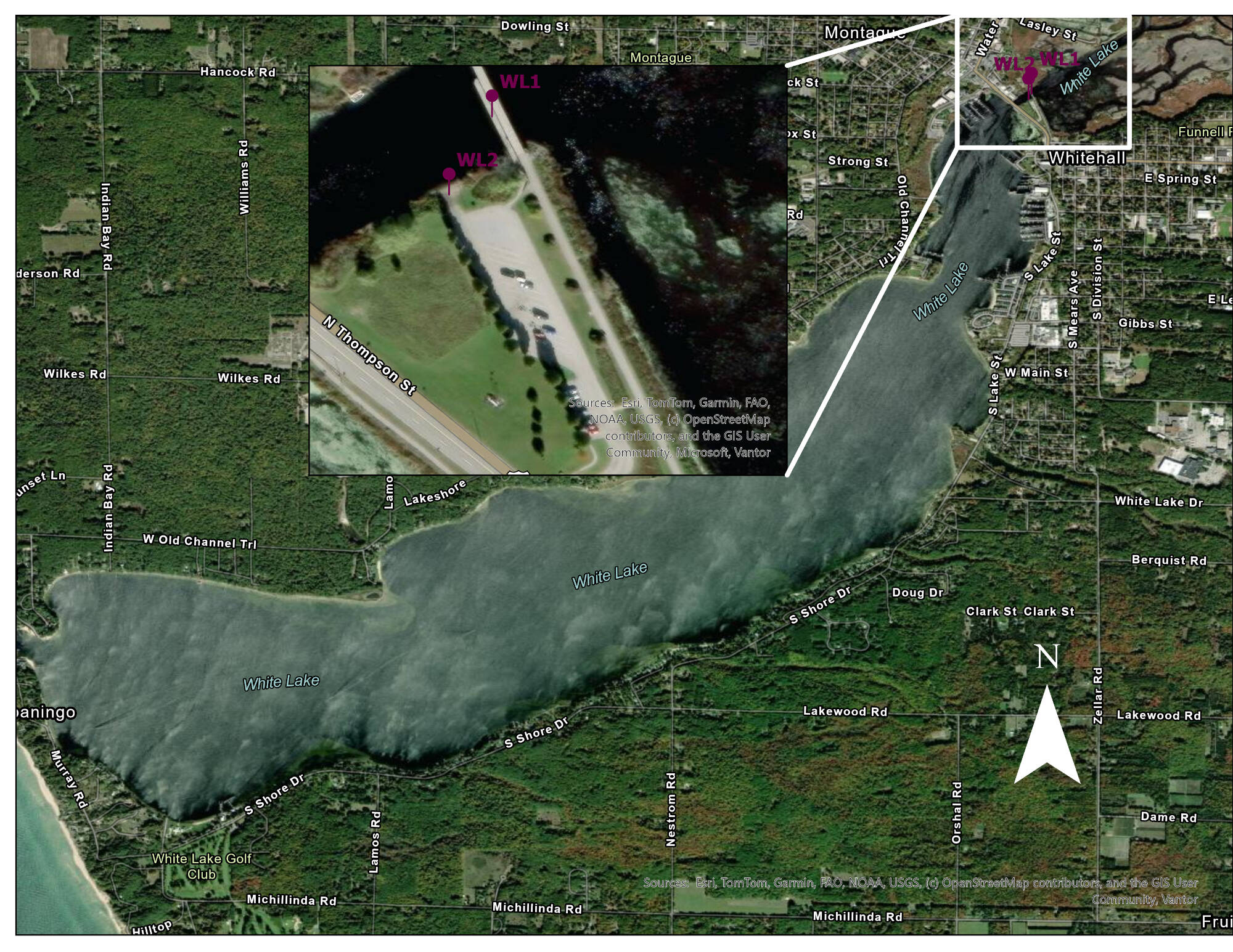 White Lake survey sites on an aerial map of the lake.